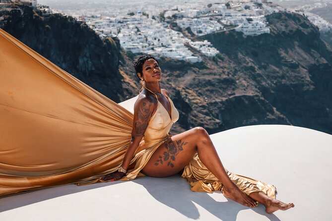 Exclusive Santorini Flying Dress Photoshoot with Pickup - What you actually get: photos, edits, video, and social media extras