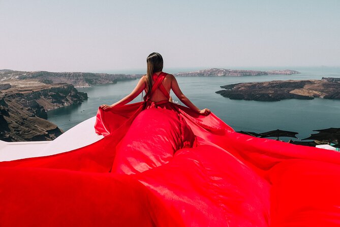 Exclusive Santorini Flying Dress Photoshoot with Pickup - Blue Dome Imerovigli: the photo spots that do the heavy lifting