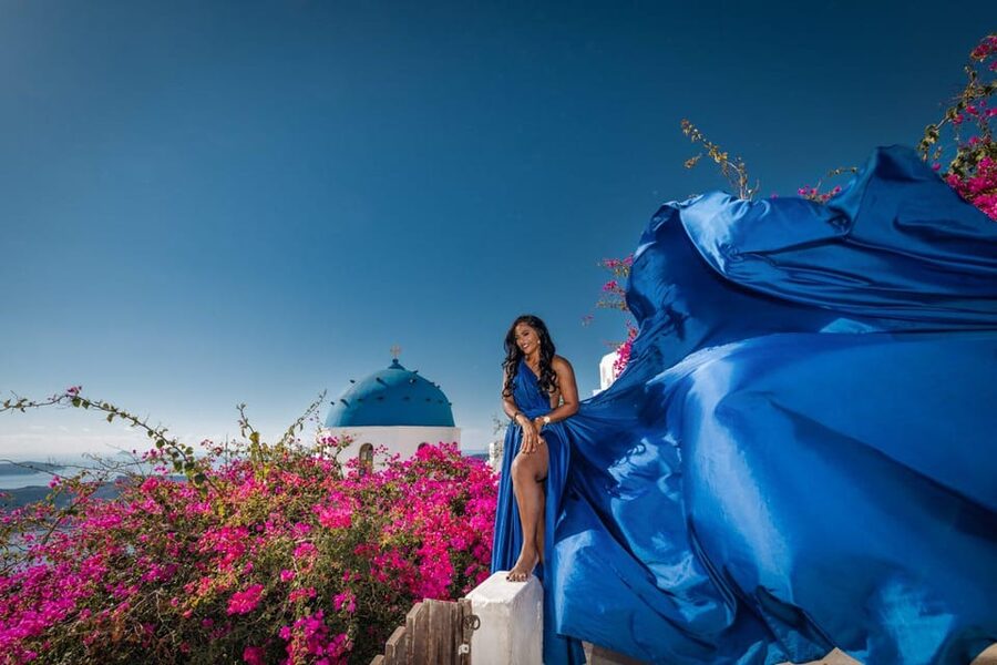 Flying dress Photoshoot in Santorini with Hotel Pickup - Your changing space is part of the experience, not an afterthought