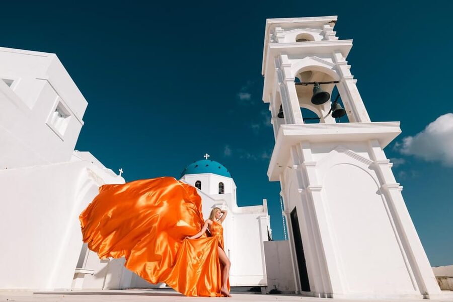 Flying dress Photoshoot in Santorini with Hotel Pickup - The photo plan around blue domes, churches, and caldera views