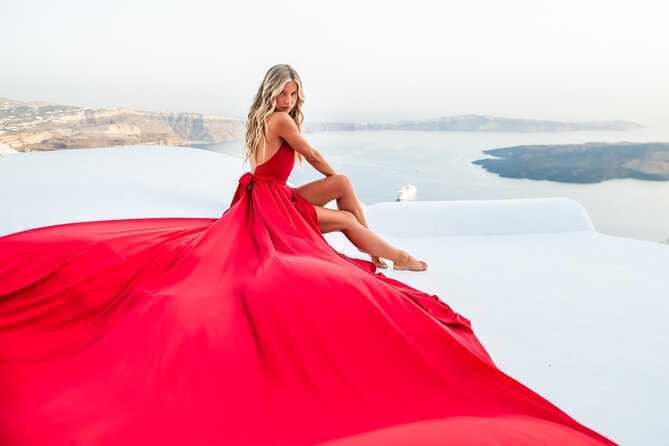 Professional Flying Dress Photoshoot In Santorini - The Blue Dome, White Rooftops, and Caldera Views Part of the Route