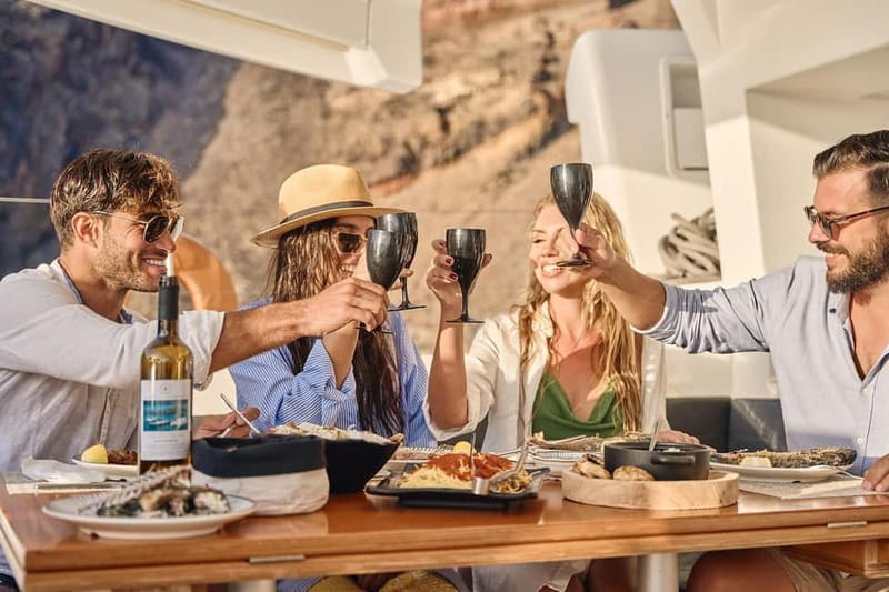 Santorini: Caldera Classic Catamaran Cruise w/ Meal & Drinks - Hotel Pickup and Getting Set Up on the Catamaran