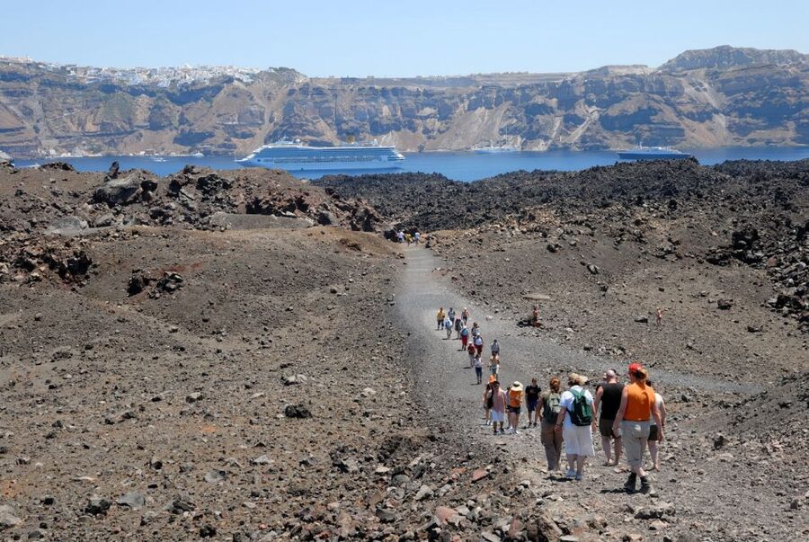 Santorini Caldera: Sunset Cruise with Dinner - Thirasia Island: beach time plus Manola’s spiral staircases