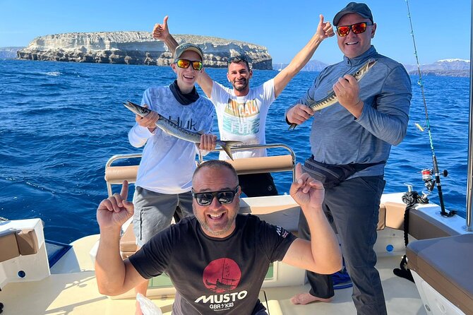 Santorini Fishing Private Cruise boat tour - BBQ, Snorkeling - Views, coves, and that Santorini feeling you do not get from shore