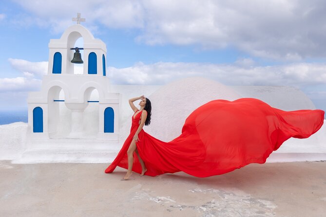 Santorini Flying Dress Photoshoot with a Pro Photographer - Oia’s Blue-Dome Backdrop, plus a Dress That Does the Work