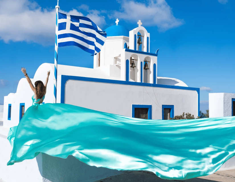 Santorini: Private Flying Dress Photoshoot with Pickup - Vicky and the flying-dress posing help you actually need