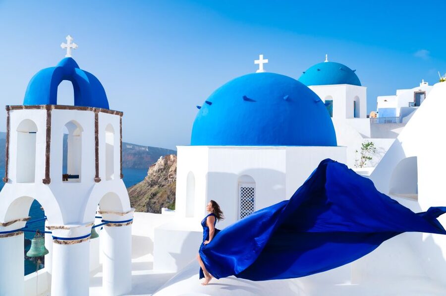 Santorini: Private Flying Dress Photoshoot with Pickup - Firostefani and Imerovigli for angle variety and calmer composition