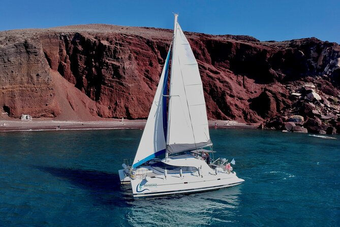 Santorini Sunset:Private All-In Catamaran Cruise (Food&Drinks) - Volcano Area Sailing, Snorkeling Time, and the Route When Seas Shift
